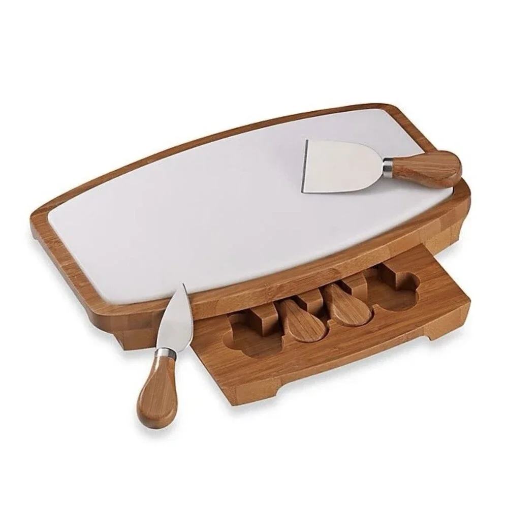 B. SMITH Bamboo & Marble Cheese Board Set w/ Utensils Hidden Storage Tray